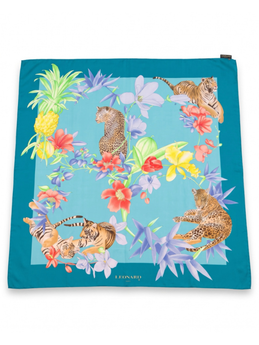 Leonard Paris Silk Scarf Turquoise Blue Green Floral Animal Print large